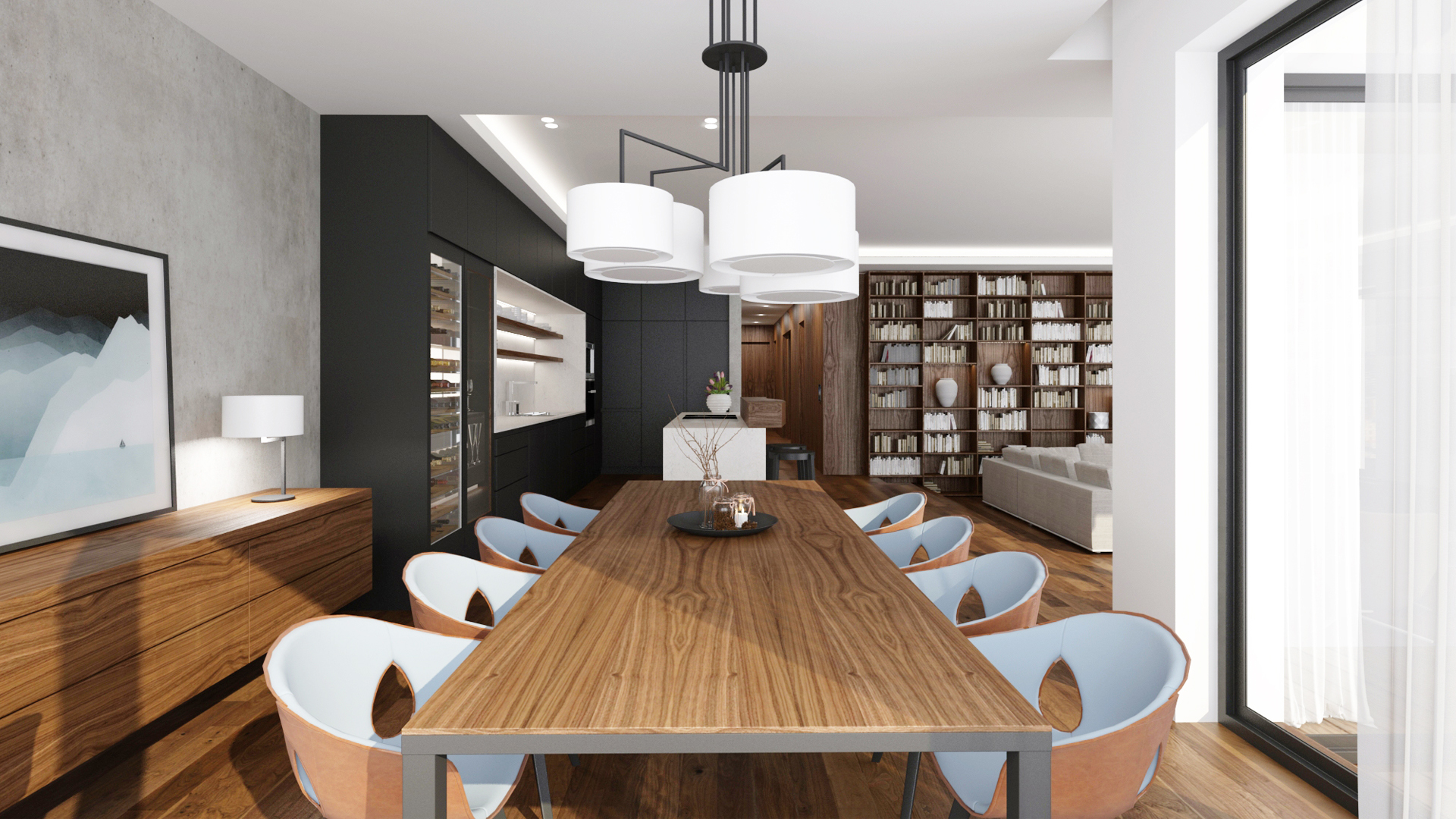 navrh jedalne, navrh kuchyne, navrh interieru kuchyne, navrh interieru, dizajn interieru, interierovy dizajner, interierovy dizajn, zeitraum light, noon light, dining room, kitchen design, interior design, poltrona chair, ginger chair, ginger armchair, interior designer, neolith carrara, noon table light, penthouse design, walnut penthouse interior 