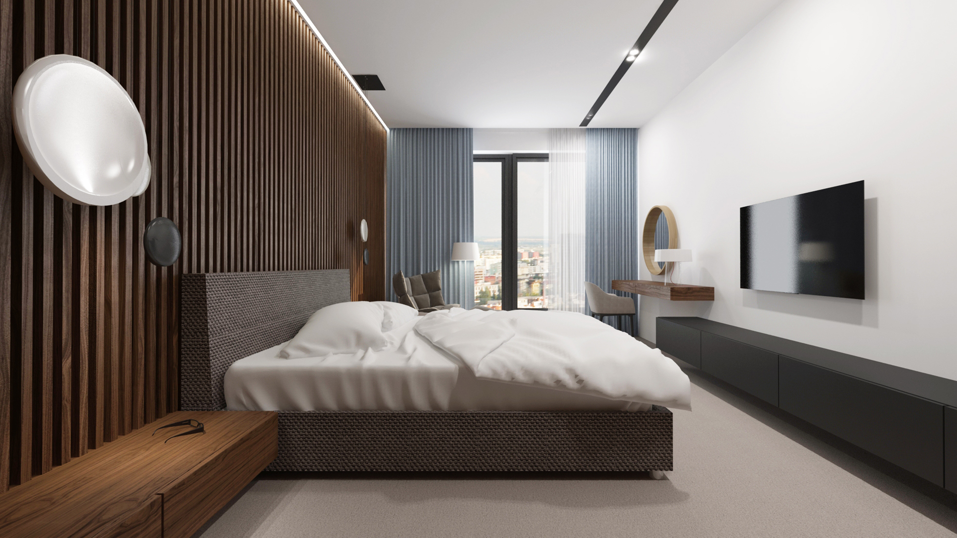 navrh interieru spalne, navrh spalne, interier spalne, interierovy dizajn, interierovy dizajner, veronika paluchova, bedroom design, walnut design, orech, dyha, design room, flexteam bed, walnut interior, walnut penthouse interior, penthouse design, penthouse interior design, vibia light, 