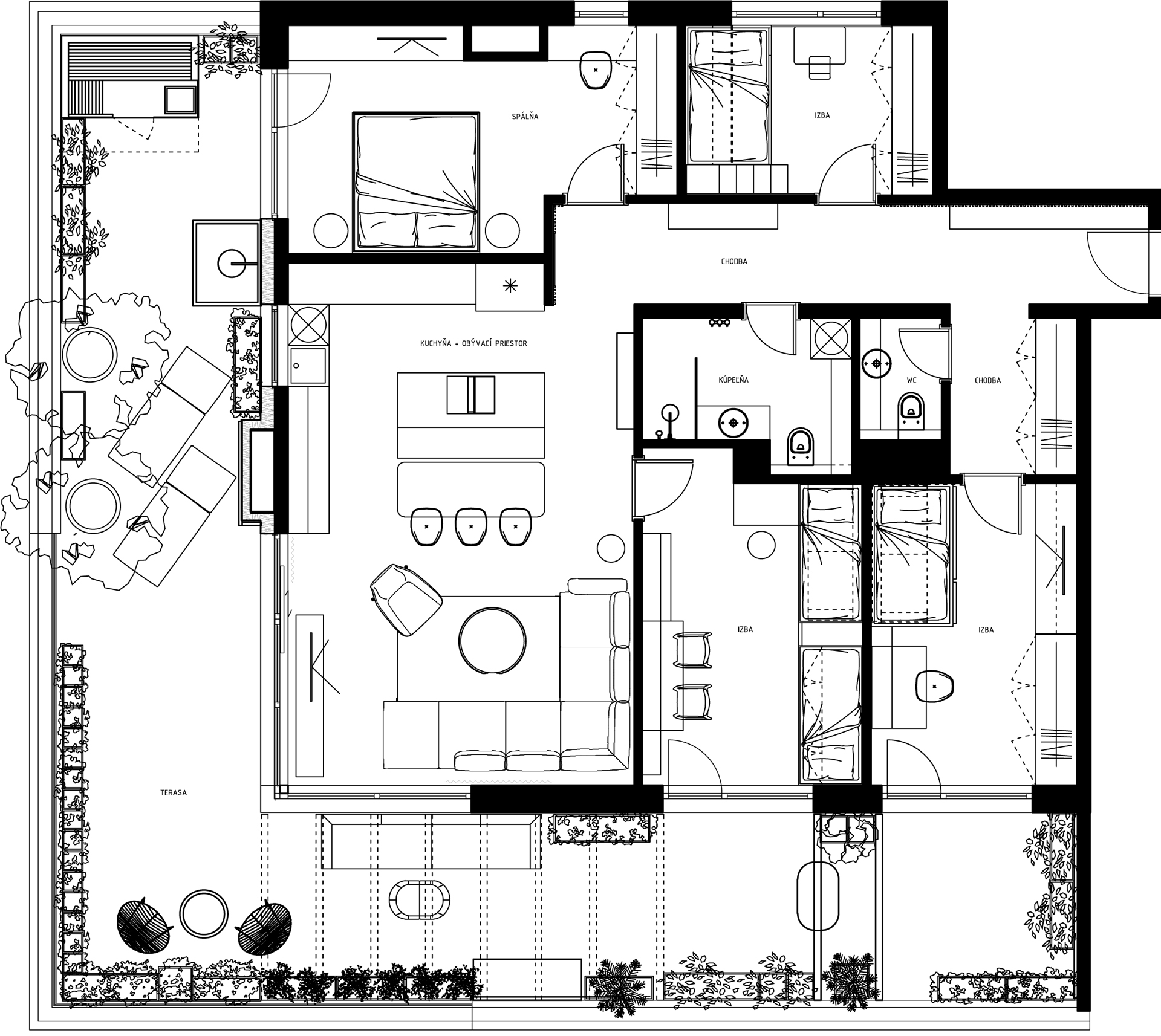 Pôdorysné riešenie penthousu s terasou.