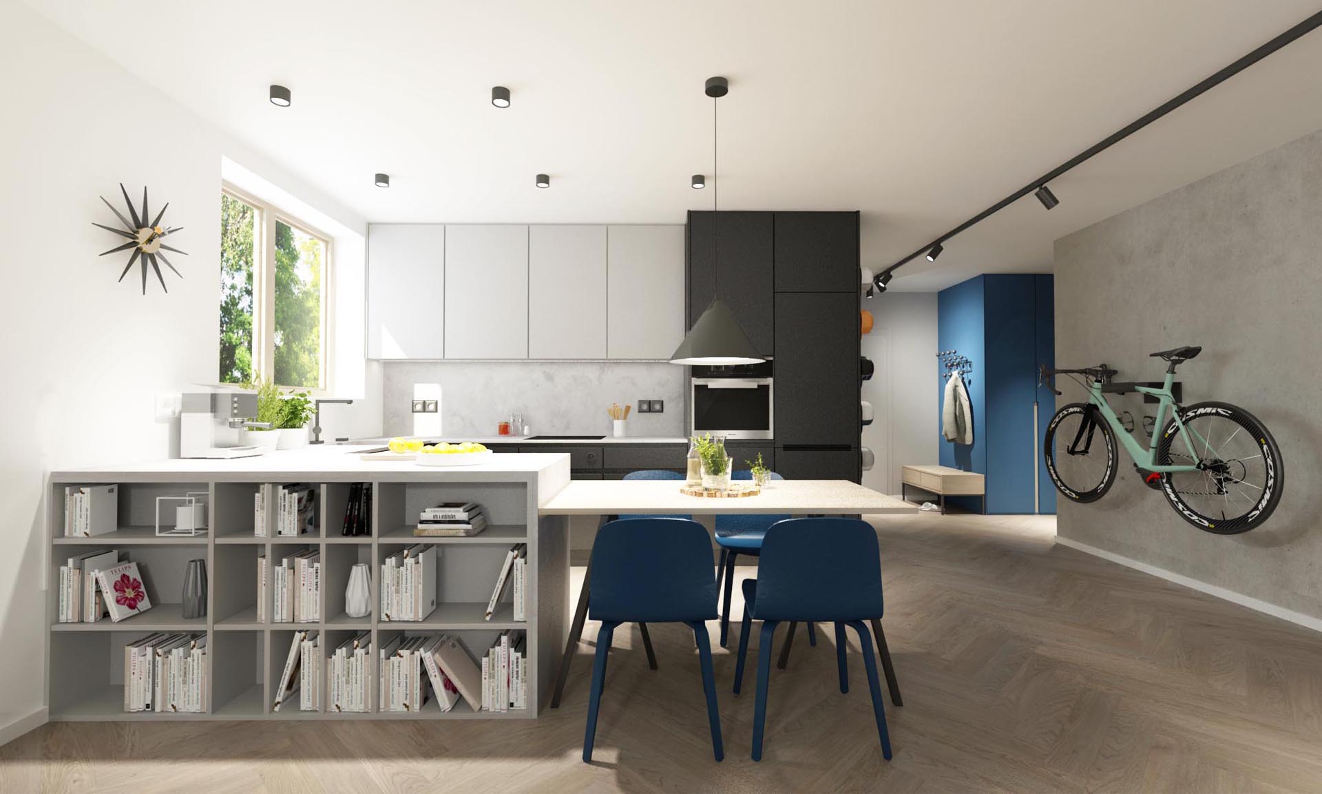 rekonstrukcia bytu, rekonstrukcia bytu bratislava, navrh kuchyne, navrh kuchyne s obyvackou, interier kuchyne s jedalnou, kitchen design, navrh interieru, navrh haly, interierovy dizajn, interierovy dizajner, veronika paluchova, betonova stena, concrete wall, grey interior, black interior, blue, herringbone, oak parkett 